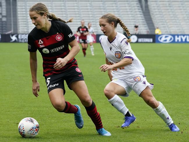 Courtney Nevin (L) started her career in the A-League. Picture: Mark Evans/AAP Image