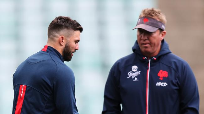 Roosters James Tedesco with coach Trent Robinson during the Sydney Roosters training session at Allianz Stadium ahead of the 2018 NRL Grand Final. Picture: Brett Costello