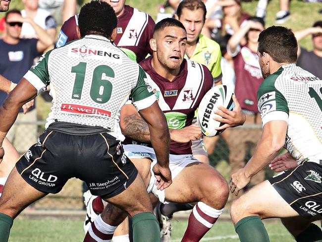 20/2/16 Dylan Walker from Manly Sea Eagles makes a run in Manly's 58-0 win. Manly Sea Eagles trial match against Ipswich Jets at Pittwater park on Saturday afternoon. Adam Yip/The Daily Telegraph