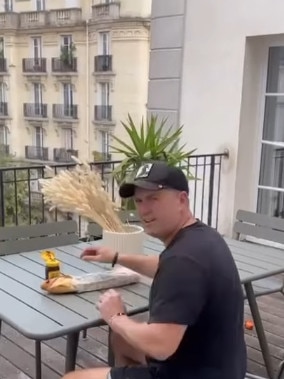 Karl Stefanovic has a baguette with some vegemite at his Airbnb in Paris.