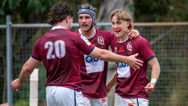 The Queensland Reds Under 16s and Under 19s got up today against the Western Force. Pictured are Under 19s game-breakers Will Nason and Joe Liddy who scored a try each to finish a comeback win over the Force. Picture credit: Tom Primmer/QRU.