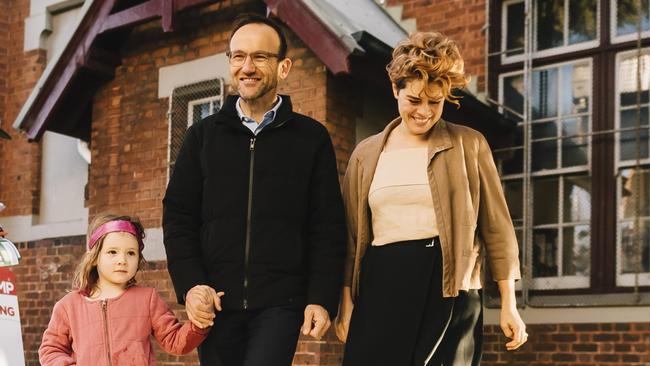 Greens leader Adam Bandt, his wife Claudia and daughter Wren at the May 2022 election. Picture: Getty Images