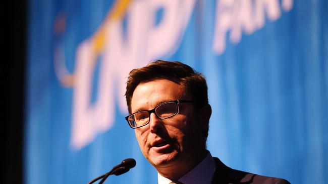 Nationals leader David Littleproud addresses the party faithful at the LNP state convention in Brisbane on Saturday. Picture: NCA NewsWIRE/Tertius Pickard