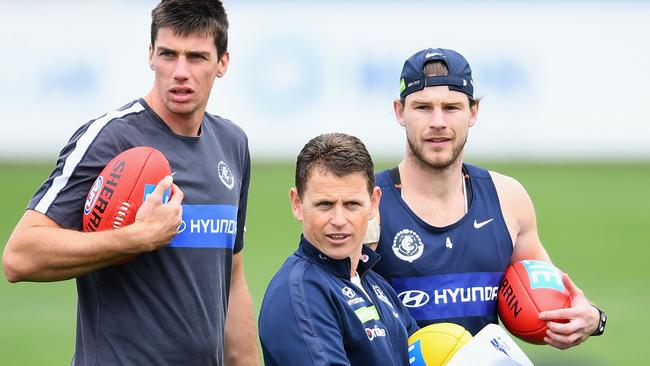 Can you pump up my SuperCoach score a bit this week, boys? Carlton coach Brendon Bolton with prolific scorers Matthew Kreuzer and Bryce Gibbs.