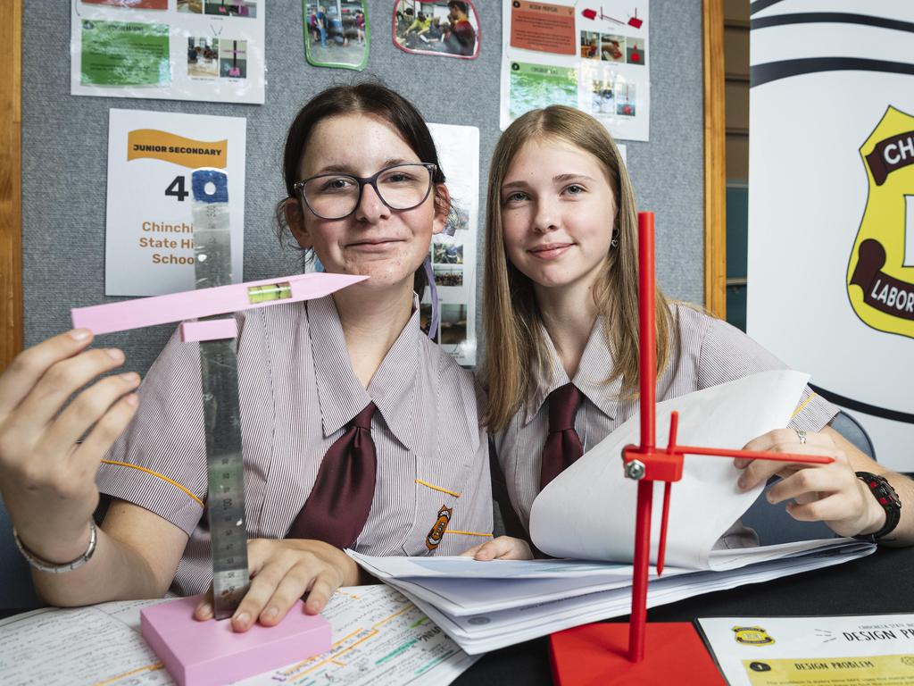 Lily Hurst (left) and Emmie Gwin of Chinchilla State High School demonstrate their projects at the STEM advanced manufacturing Makers Empire schools showcase at The Salo Centre, St Ursula's College, Monday, November 4, 2024. Picture: Kevin Farmer