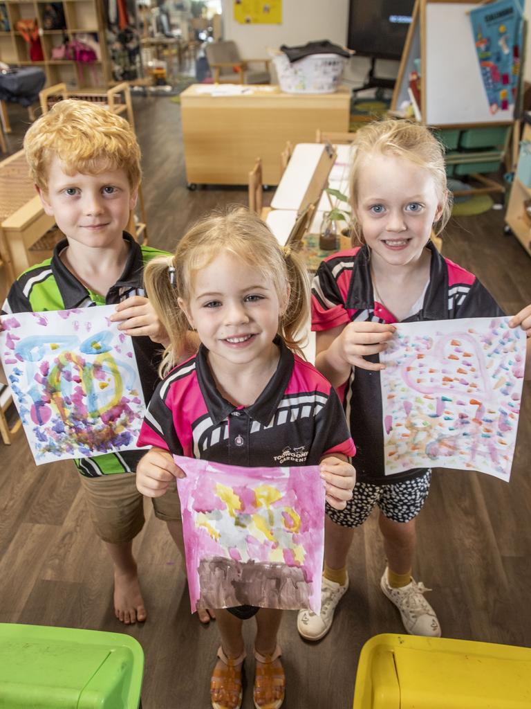 (from left) Reid Lord, Brooklyn Forsyth and Olivia Parmiter. Toowoomba Gardens Early Learning Centre. Monday, December 6, 2021. Picture: Nev Madsen.