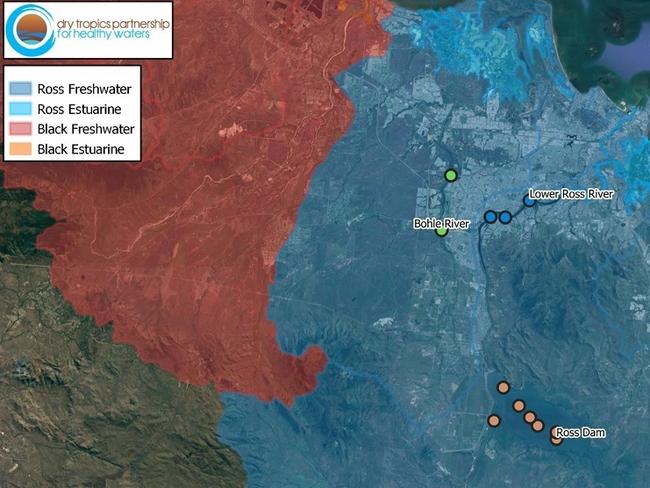 Independent and non-independent testing sites within the Ross River freshwater basin. Picture: Dry Tropics Partnership.