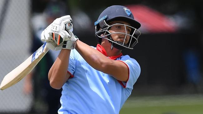 NSW Metro batter Joel Davies tees off at the Cricket Australia U19 National Championships in Adelaide, December, 2022. Picture: Cricket Australia.