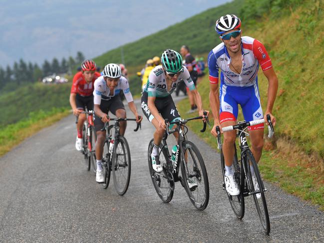 The trio of (R — L) Thibaut Pinot, Emanuel Buchmann and Egan Bernal are all within striking distance of yellow heading into the final week of the Tour. Picture: Tim de Waele/Getty Images