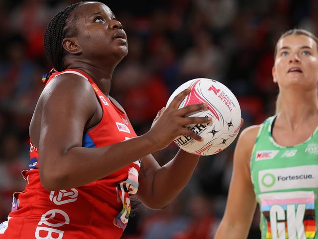 Sam Wallace-Joseph paying during Super Netball’s Pride round following the saga. Picture: Jason McCawley/Getty Images