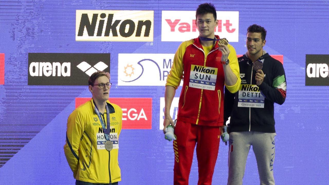 China's Sun Yang won gold — but silver medallist Mack Horton stood away from the podium.