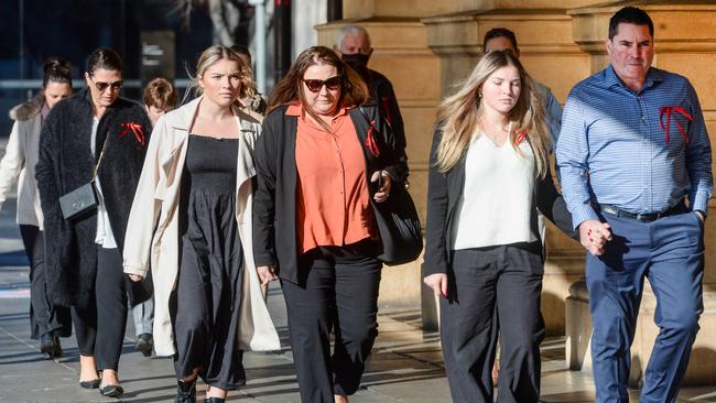 The Naismith family and supporters arrive at the District Court in Adelaide for trial of Alexander Campbell. Picture: NCA NewsWire / Brenton Edwards