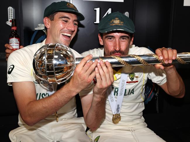 Pat Cummins and Mitchell Starc with the ICC World Test Championship mace. Picture: Ryan Pierse-ICC/ICC via Getty Images