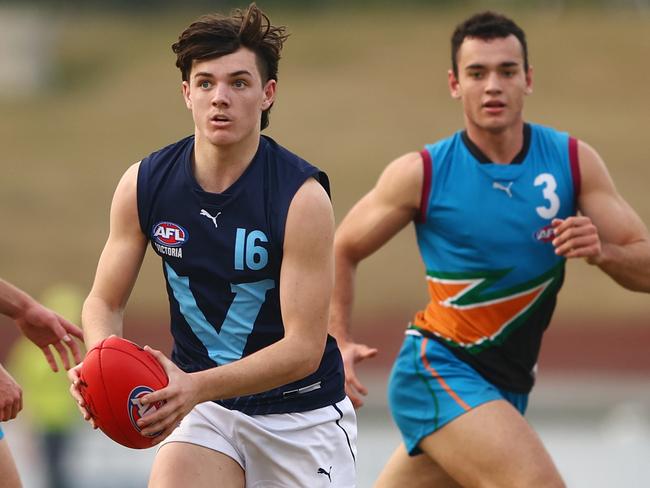 BRISBANE, AUSTRALIA - JULY 02: Archie Roberts of Vic Metro in action during the 2023 AFL National Championships U18 Boys match between the Allies and Vic Metro at Brighton Homes Arena on July 02, 2023 in Brisbane, Australia. (Photo by Chris Hyde/AFL Photos/via Getty Images)