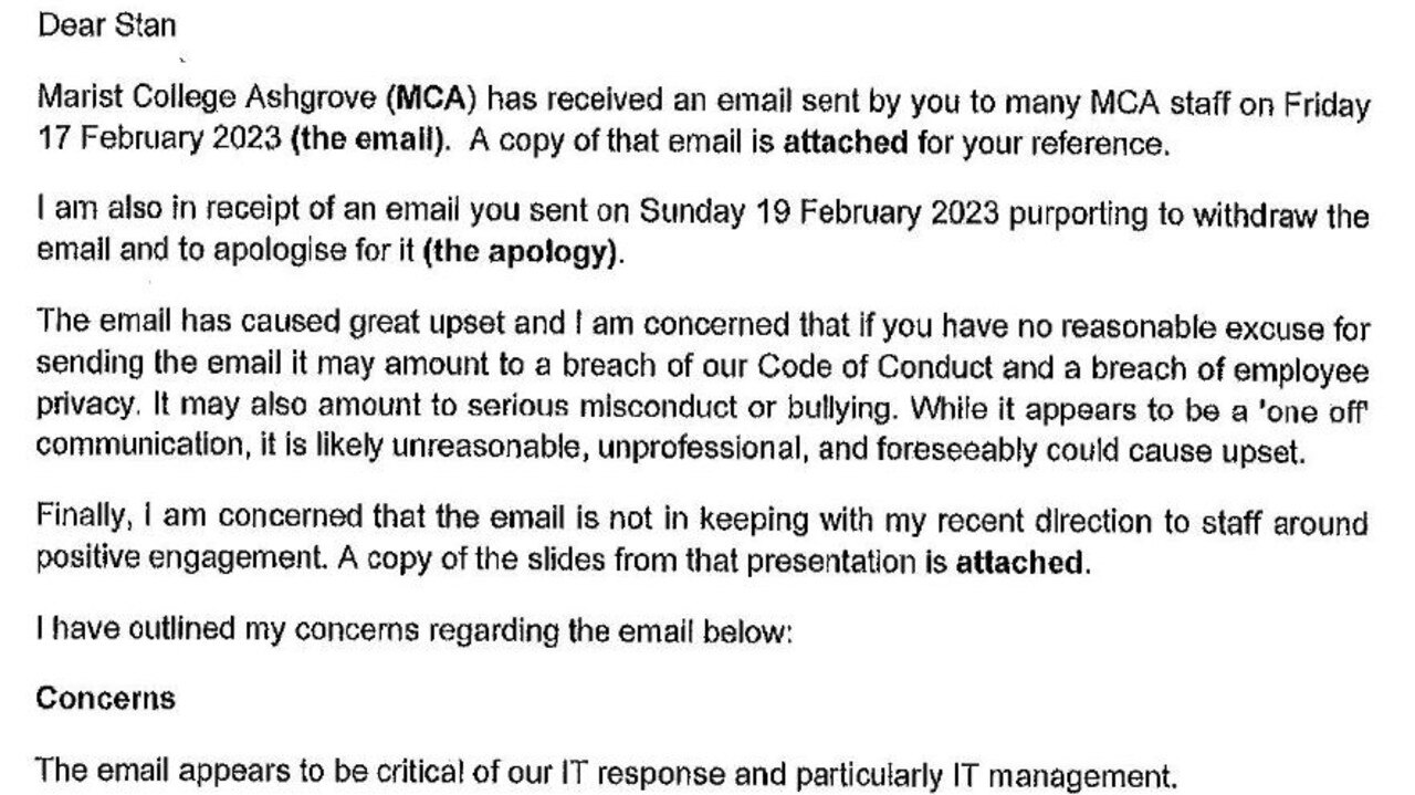 Marist College Ashgrove’s initial response to Mr Koseik. Picture: Federal Court