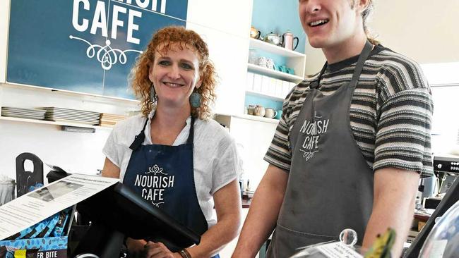 Nourish Cafe owner Judy Plath with valued staff member Josh Gaddes. Picture: Mike Knott BUN030718NOURISH3