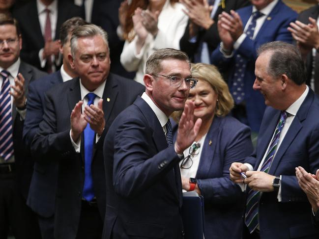 SYDNEY, AUSTRALIA - NewsWire Photos AUGUST 6 , 2024:  Former NSW Premier Dominic  Perrottet is congratulated by colleagues in State Parliament after giving  his valedictory speech at NSW Parliament. He is retiring from Politics. Picture: NewsWire / John Appleyard