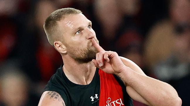 MELBOURNE, AUSTRALIA - JUNE 23: Jake Stringer of the Bombers celebrates a goal during the 2024 AFL Round 15 match between the Essendon Bombers and the West Coast Eagles at Marvel Stadium on June 23, 2024 in Melbourne, Australia. (Photo by Michael Willson/AFL Photos via Getty Images)