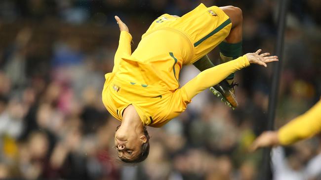 Matildas star Sam Kerr celebrates with a trademark backflip. Picture: Getty Images