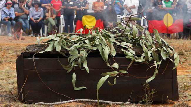 The remains of Mungo Man at a 2017 ceremony in Mungo National park. Picture: Aaron Francis