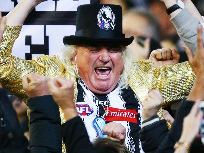 MELBOURNE, VICTORIA - SEPTEMBER 21:  Magpies cheersquad legend Joffa Corfe celebrates a goal during the AFL Preliminary Final match between the Richmond Tigers and the Collingwood Magpies on September 21, 2018 in Melbourne, Australia.  (Photo by Michael Dodge/AFL Media/Getty Images)