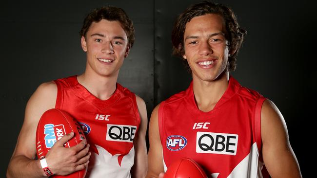 Will Hayward draft pick number 20 (left) and Oliver Florent draft pick number 11 for the Sydney Swans, pictured at the 2016 AFL Draft held in Sydney. Picture: Jonathan Ng