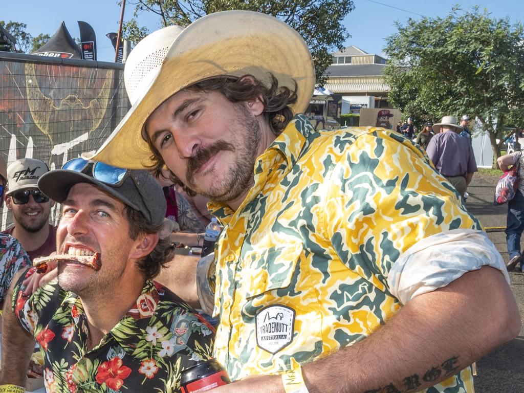 Danny O'Halloran (left) and Kyle Large at Meatstock, Toowoomba Showgrounds. Friday, April 8, 2022. Picture: Nev Madsen.