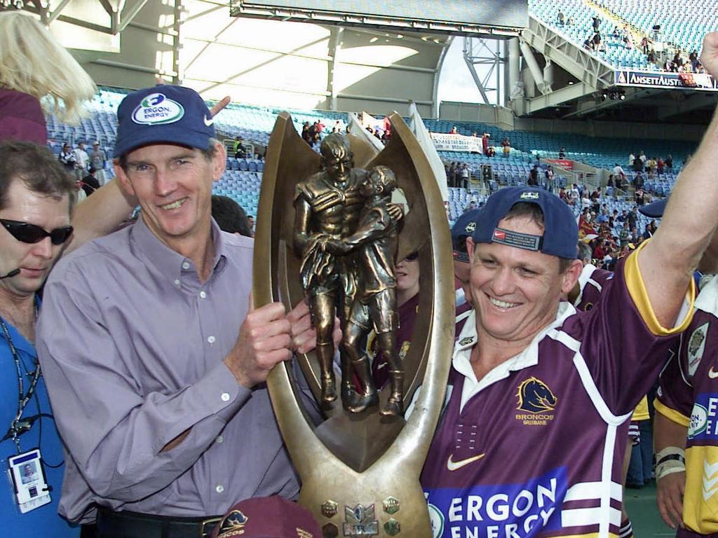 Coach Wayne Bennett with captain Kevin Walters celebrating the 2000 grand final success. Picture: Gregg Porteous