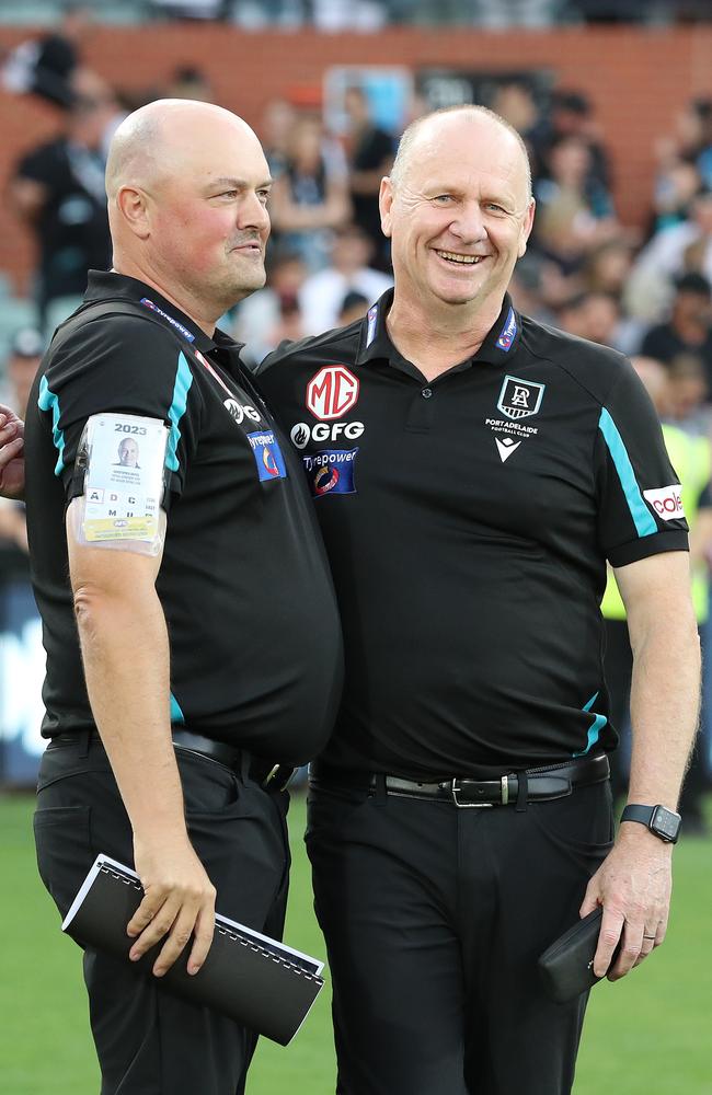 General Manager of Port Adelaide Chris Davies with Senior Coach Ken Hinkley. Picture: Sarah Reed/AFL Photos via Getty Images.