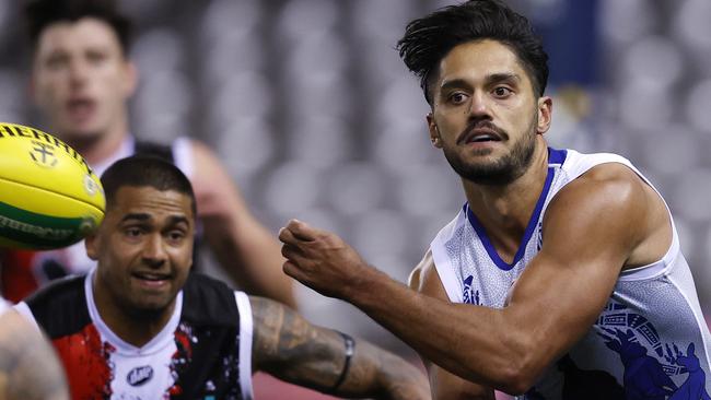 Aaron Hall fires off a handball in the Saints clash with St Kilda at Marvel Stadium in May 2021. Picture: Michael Klein