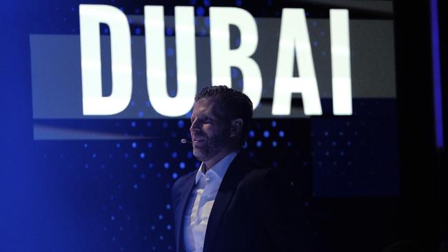 Eric Trump, executive vice-president of The Trump Organisation, arrives on stage for an event during Token 2049, a crypto event, in Dubai on May 1. Picture: AP