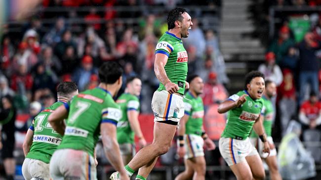 BRISBANE, AUSTRALIA - JUNE 01: Jordan Rapana of the Raiders celebrates victory after kicking the winning field goal in golden point extra time during the round 13 NRL match between Dolphins and Canberra Raiders at Suncorp Stadium, on June 01, 2024, in Brisbane, Australia. (Photo by Bradley Kanaris/Getty Images)