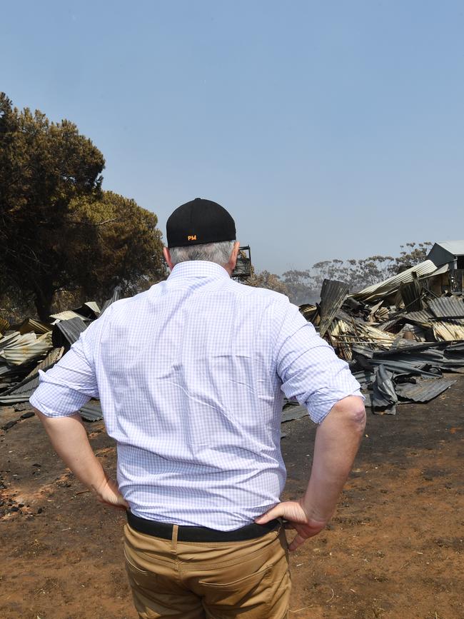 Prime Minister Scott Morrison visits a fire damaged property on Stokes Bay on Kangaroo Island. Picture: AAP