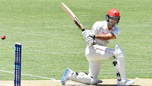 Redback Jake Weatherald sweeps truly on his way to an unbeaten 195. Picture: Mark Brake/Getty Images