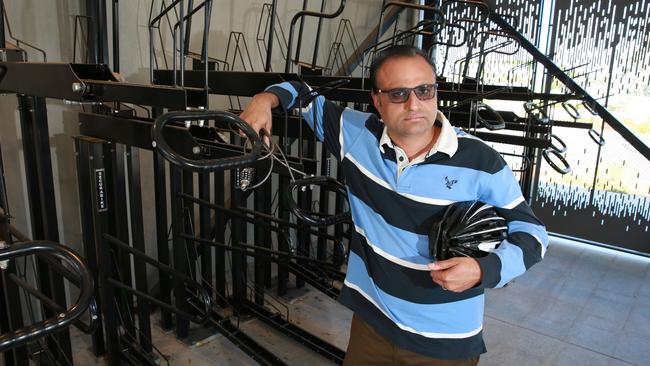 Amit Garg in the bike shed at Tallawong Metro station where he had his bike stolen from. Picture: Mark Scott