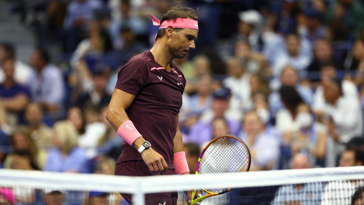 NEW YORK, NEW YORK - SEPTEMBER 01: Rafael Nadal of Spain reacts against Fabio Fognini of Italy during their Men's Singles Second Round match on Day Four of the 2022 US Open at USTA Billie Jean King National Tennis Center on September 01, 2022 in the Flushing neighborhood of the Queens borough of New York City. (Photo by Elsa/Getty Images)