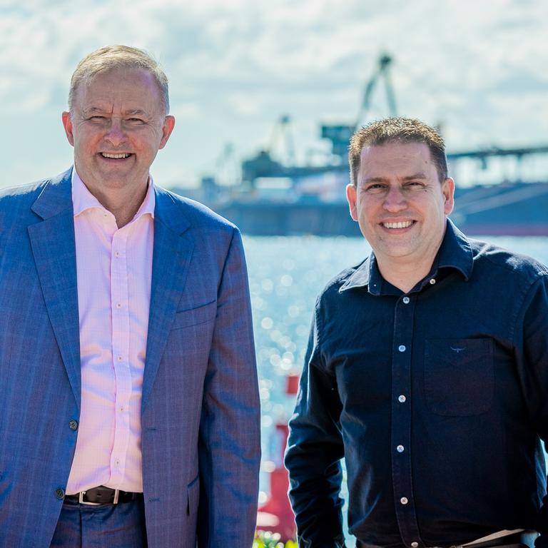 Labor Leader Anthony Albanese & Flynn candidate Matt Burnett standing in front of Gladstone’s iconic harbour. Picture: NewsCorp
