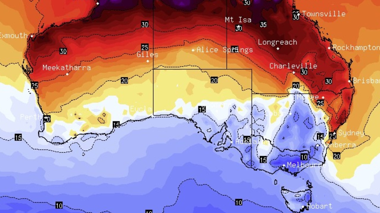 Temperature forecasts from 1pm on October 4, showing a cold front moving through the south. Picture: Supplied / BSCH