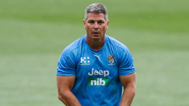 Adam Kingsley during training with the Tigers. Photo by Michael Willson/AFL Photos via Getty Images.