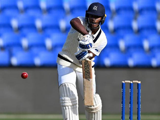 HOBART, AUSTRALIA - OCTOBER 29: Ashley Chandrasinghe of the Bushrangers bats during the Sheffield Shield match between Tasmania and Victoria at Blundstone Arena, on October 29, 2022, in Hobart, Australia. (Photo by Steve Bell/Getty Images)