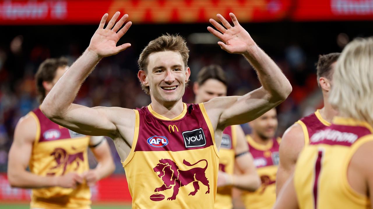 SYDNEY, AUSTRALIA - SEPTEMBER 14: Harris Andrews of the Lions celebrates during the 2024 AFL First Semi Final match between the GWS GIANTS and the Brisbane Lions at ENGIE Stadium on September 14, 2024 in Sydney, Australia. (Photo by Dylan Burns/AFL Photos via Getty Images)