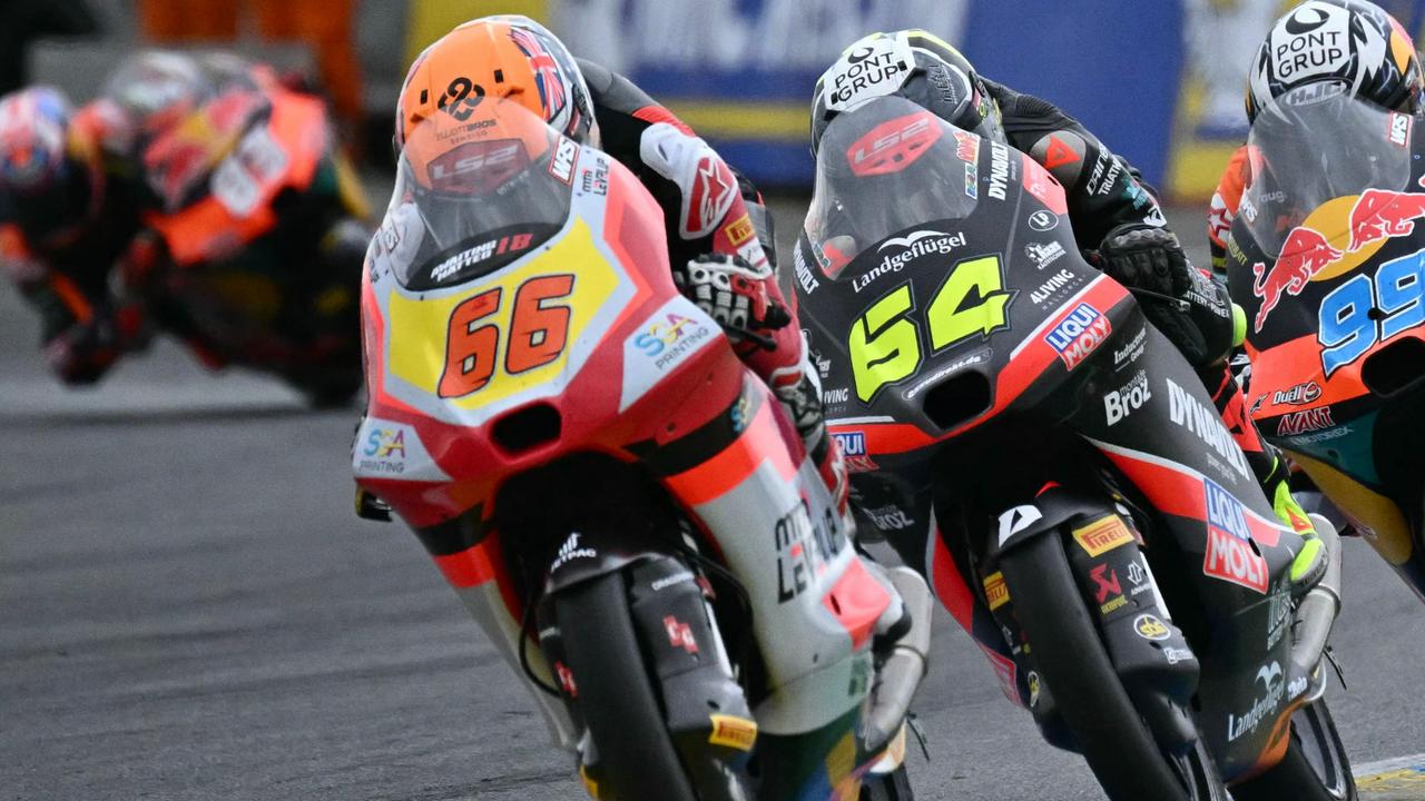 LEVEL UP – MTA team's Australian Moto3 rider Joel Kelso number 66 Joel Kelso leading the pack at the 2025 Le Mans. Picture: Loic Venance / AFP