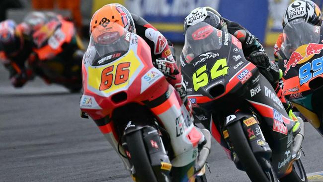 LEVEL UP – MTA team's Australian Moto3 rider Joel Kelso number 66 Joel Kelso leading the pack at the 2025 Le Mans. Picture: Loic Venance / AFP