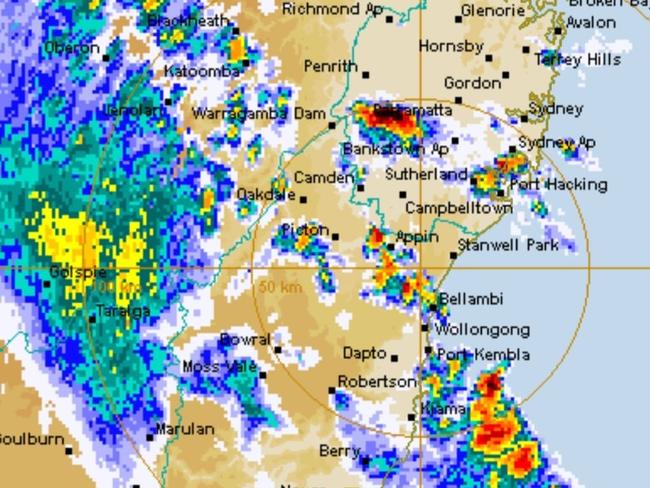 A wave of rainfall and hail sweeps towards Sydney on Wednesday