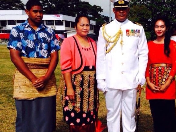 Tongan Maritime Force midshipman, Paul Ulakai (left) with his parents, Viola Ulaka and Sione Ulakai and his sister, Anaseini Ulakai. Paul, 21, says he and his sister Anaseini, 22, have not yet been able to contact their parents in Tonga. Picture: Supplied