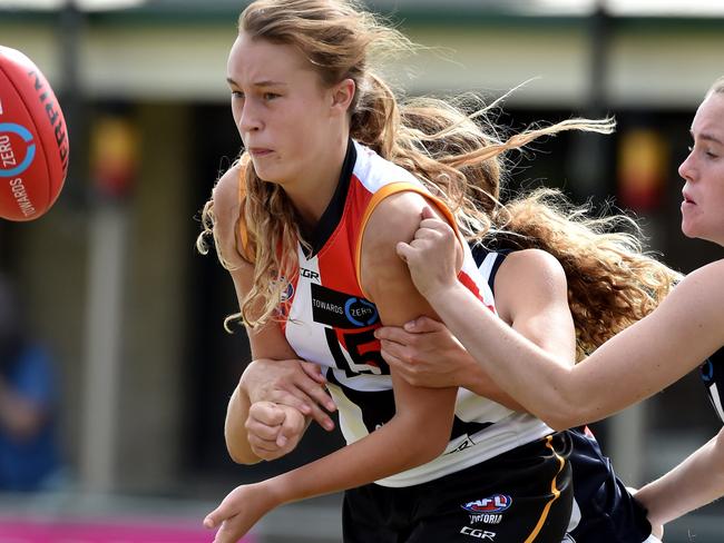 TAC Cup Girls: Geelong Falcons v Dandenong Stingrays. Stinrays' Jordyn Allen delivers under pressure.Picture Jay Town.