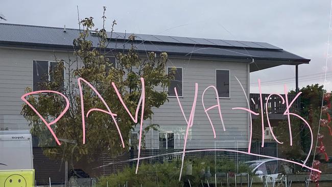 The words, ‘pay ya tick’ were graffitied on the front of the building. Picture: Katrina Muhsin/ 10 News First