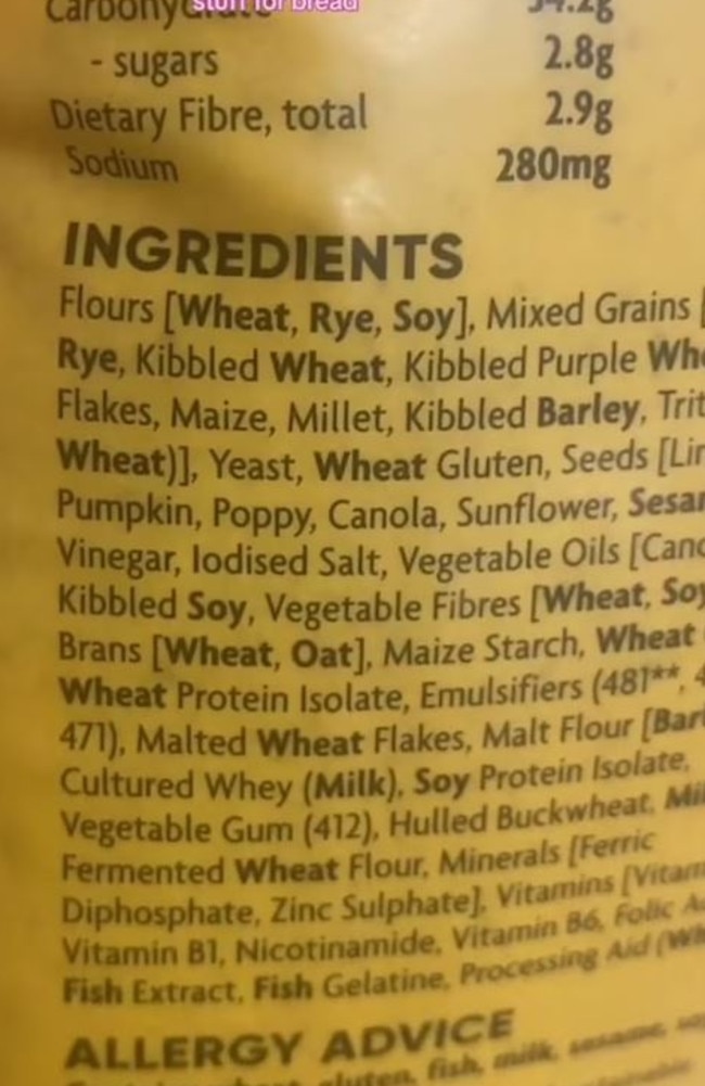 As many as 58 ingredients were listed on the back of Coles’ cheapest breadcrumb offering. Picture: TikTok