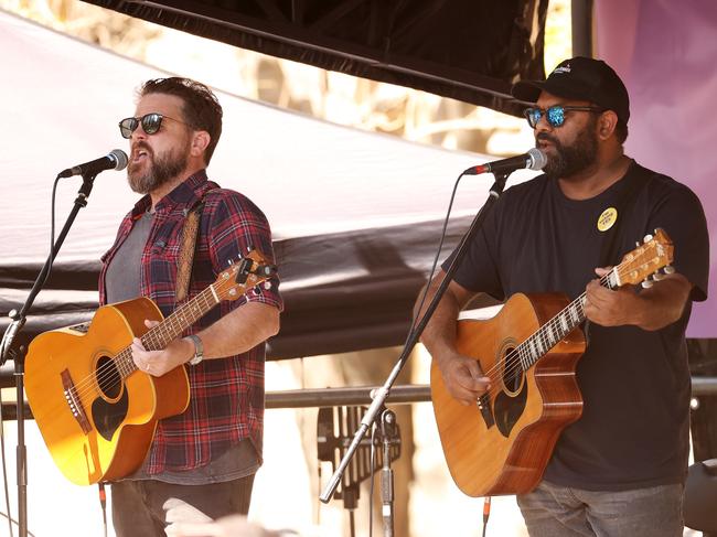 Busby Marou perform at the Walk For Yes rally at Queens Gardens in Brisbane’s CBD. Picture: Liam Kidston