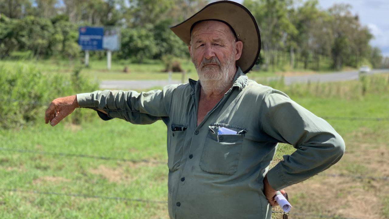 Victoria Plains resident Charlie Fox stands at the Rocky Waterholes – Wollingford Road intersection. Mr Fox says the Walkerston Bypass should connect just beyond the intersection so that a new service road does not have to be built. Picture: Duncan Evans